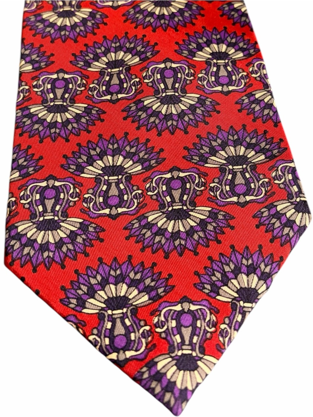 Vintage Dior Silk Red Tie with Purple and Cream Floral Motif